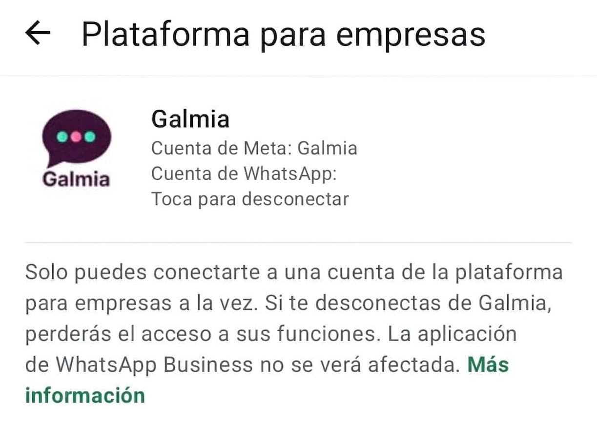 Pantalla de WhatsApp Business con Galmia conectada como plataforma oficial de Meta